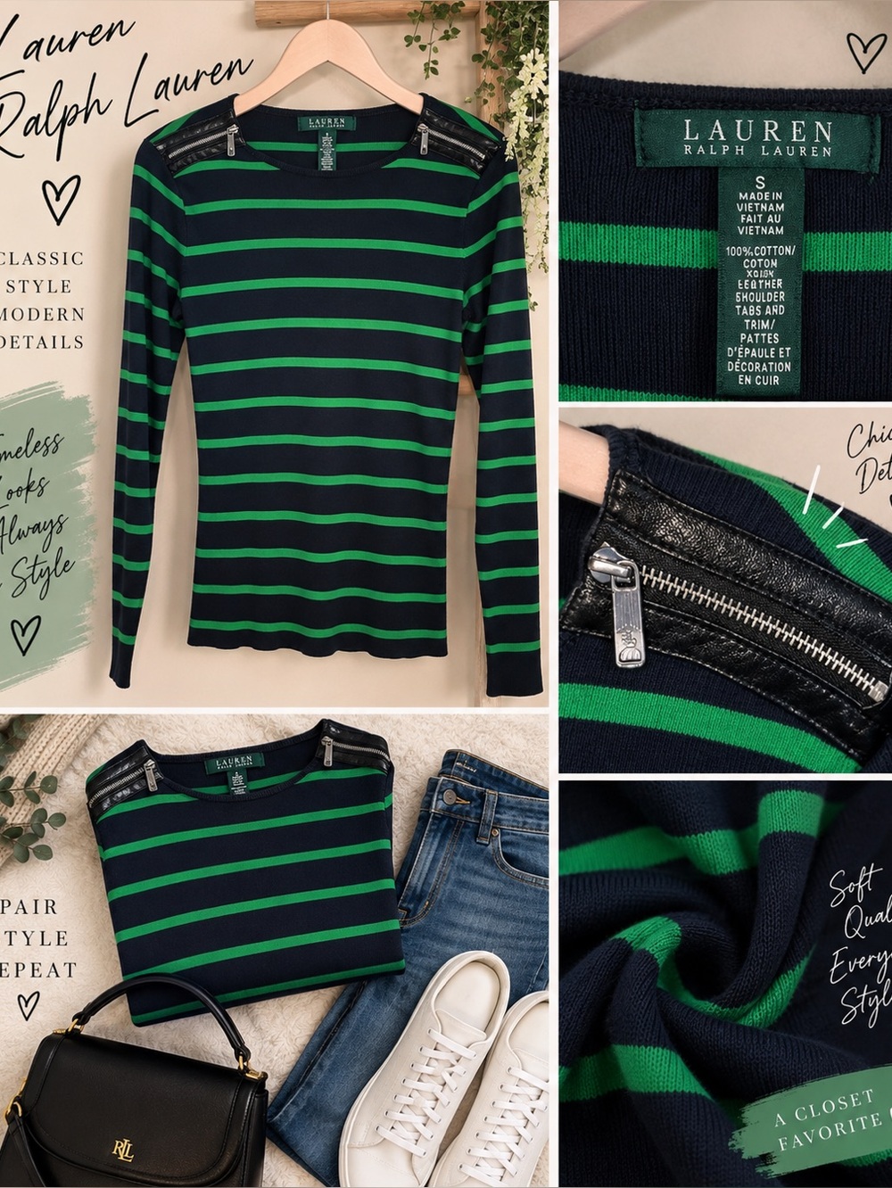 Lauren Ralph Lauren Navy & Green Striped Cotton Sweater